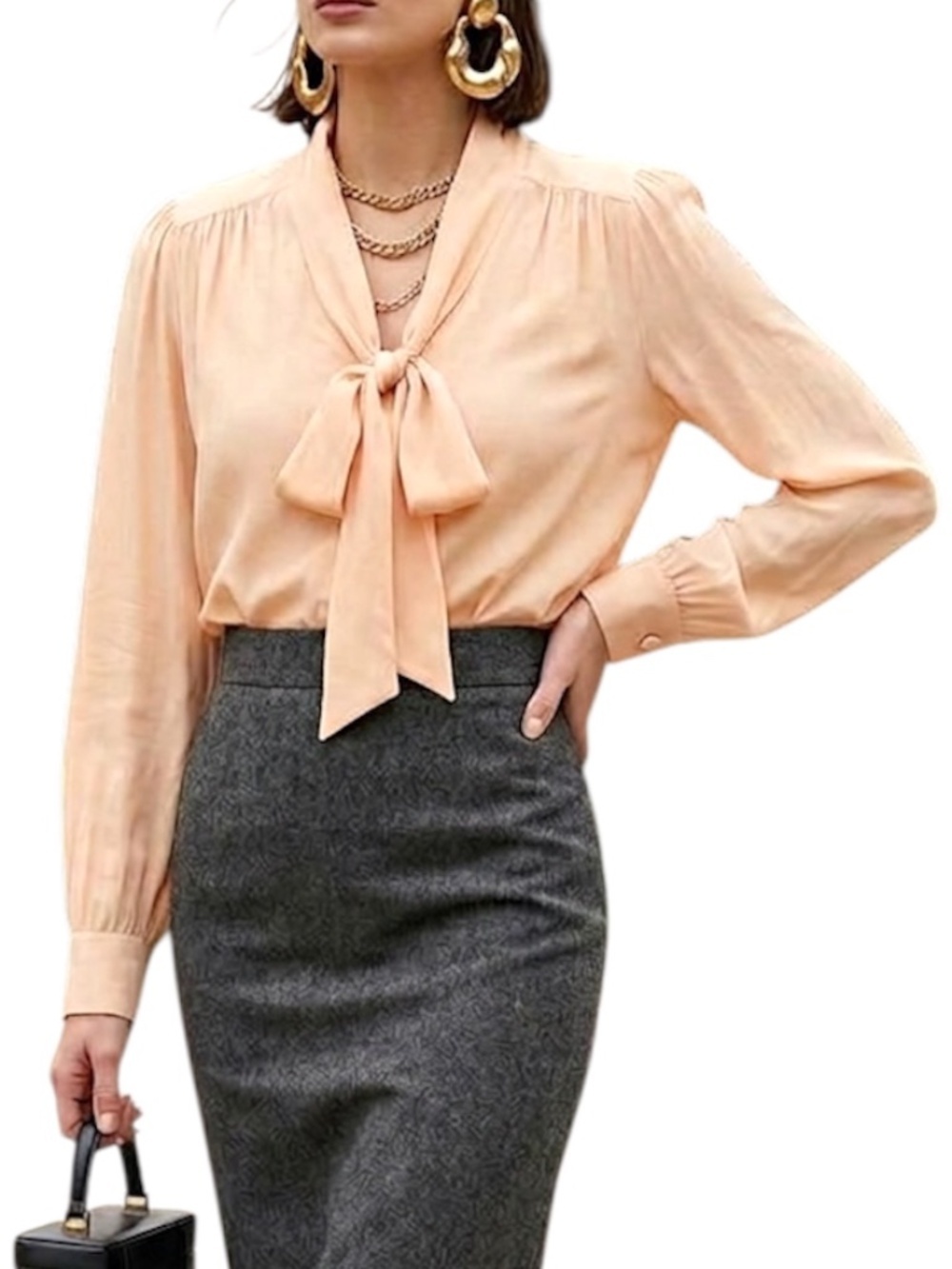 House of Foxy vtg inspired 40s peach kitty bow tie neck long sleeve blouse UK 10